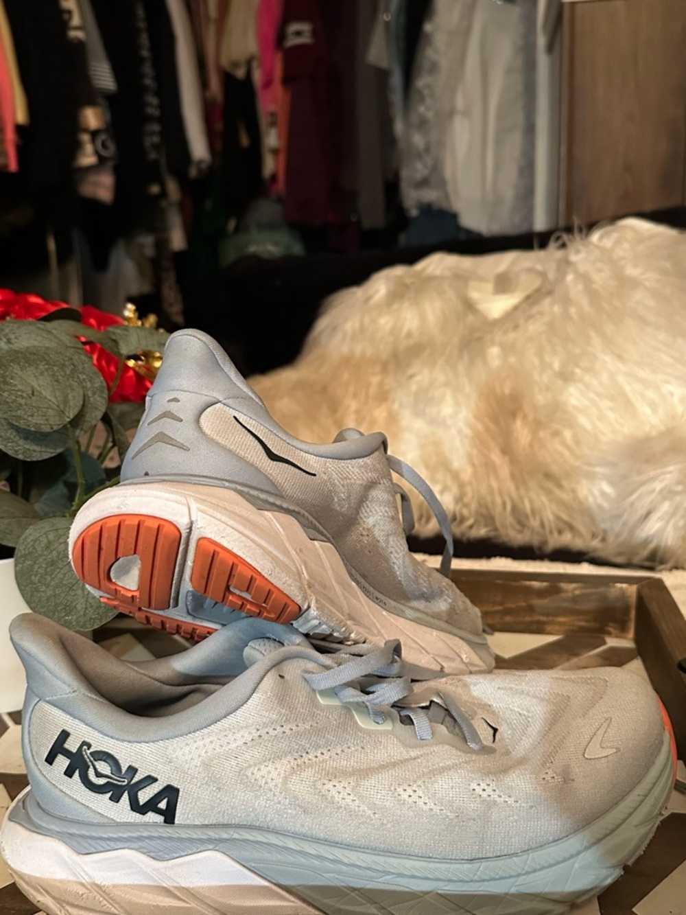 Hoka Light Gray and Orange Neutral Running Shoes